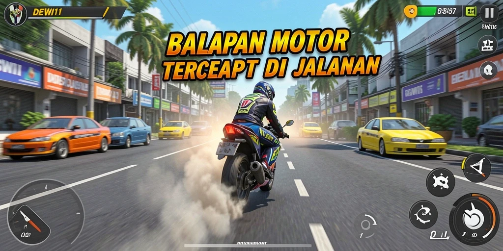Screenshot gameplay DEWI11 menampilkan aksi balapan motor yang mengasyikkan.