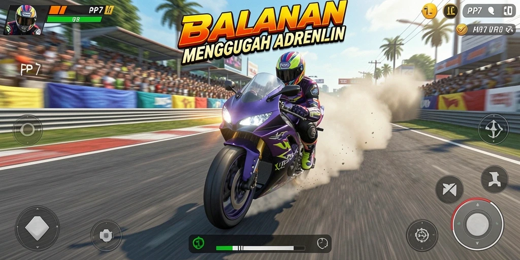 Tangkapan layar PP7 menampilkan aksi balap motor yang mendebarkan.