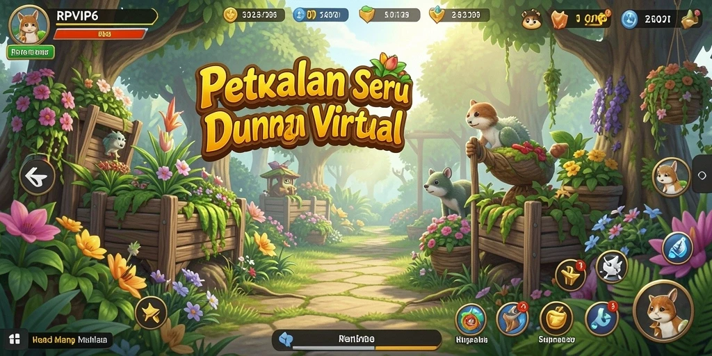 Screenshot gameplay RPVIP6 menampilkan taman yang indah dan tanaman yang subur.